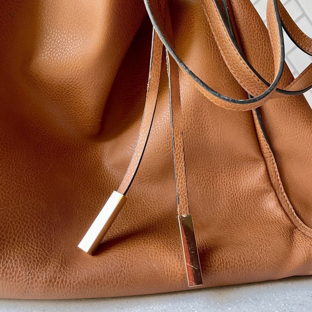 Large Cognac Brown Pebbled Faux Leather Hobo Shoulder Bag Tote with Gold Accents - Picture 4 of 11